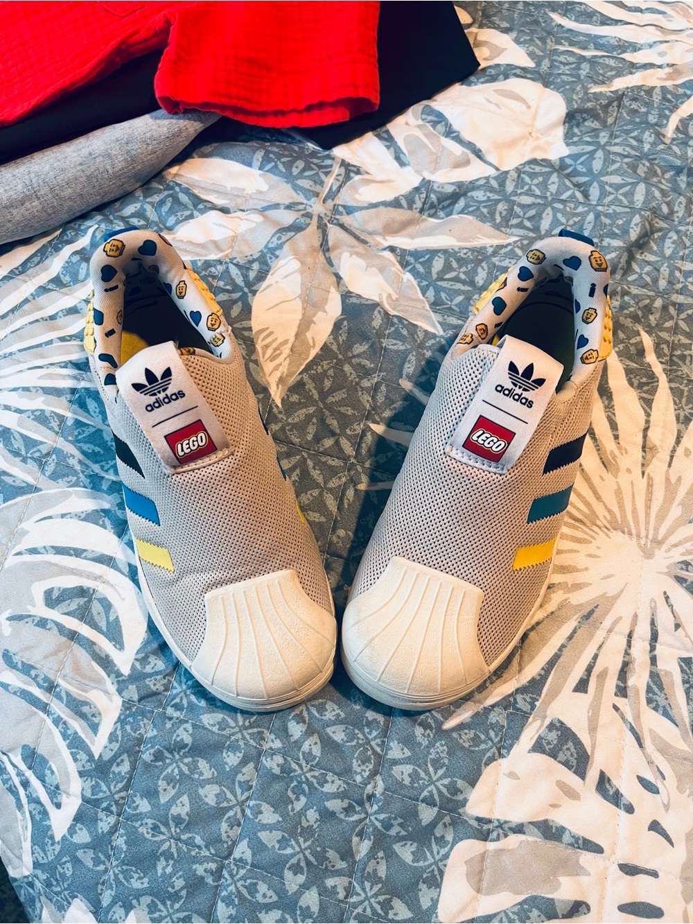 Adidas LEGO Kids Slip-On Sneakers in Gray with Blue & Yellow Accents